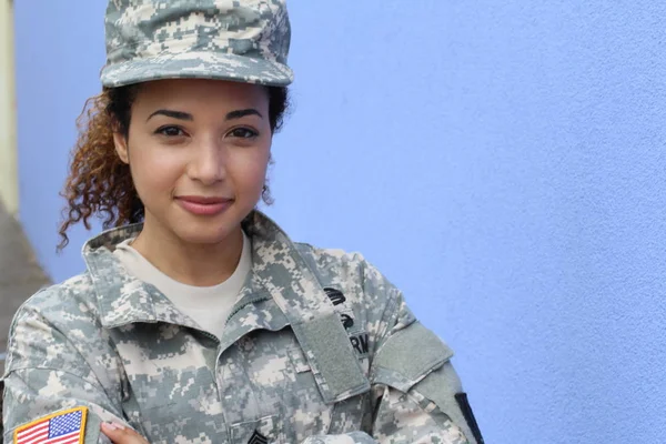 Military Girl Blue Background Copy Space — Stockfoto