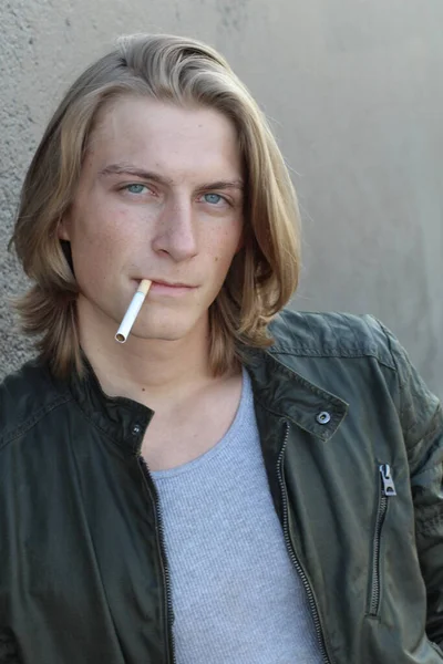 Close Portrait Handsome Young Stylish Man Long Hair Smoking Cigarette — Stock Photo, Image