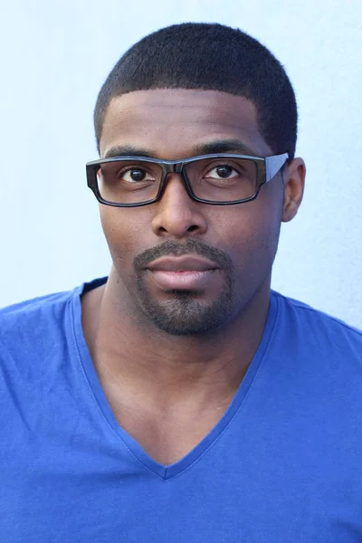 Portrait Nice Young Attractive African Man Blue Shirt Eyeglasses — Stok fotoğraf
