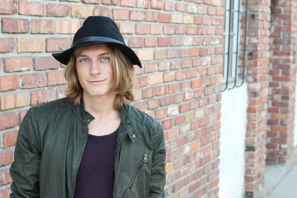 Close Portrait Handsome Young Stylish Man Long Hair Hat Street — 스톡 사진