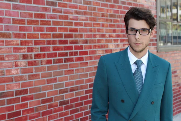 Close Portrait Handsome Young Businessman Blue Suit Front Red Brick — Stock Photo, Image