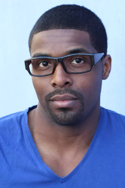 Portrait Nice Young Attractive African Man Blue Shirt Eyeglasses — Stok fotoğraf
