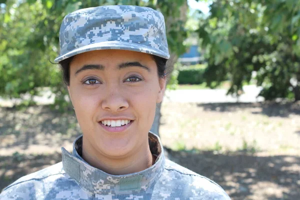 Happy healthy ethnic army female soldier