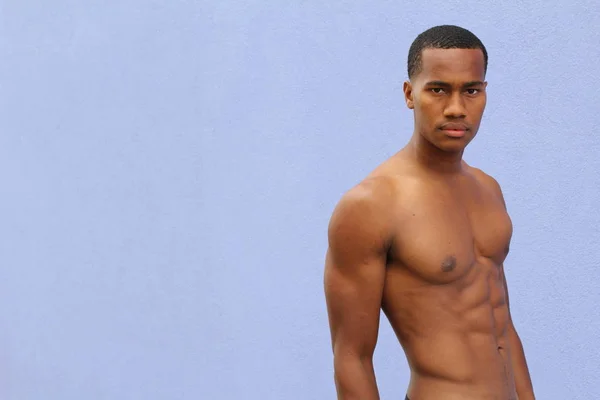 Close Portrait Handsome Shirtless African American Young Man Front Blue — Stock Photo, Image