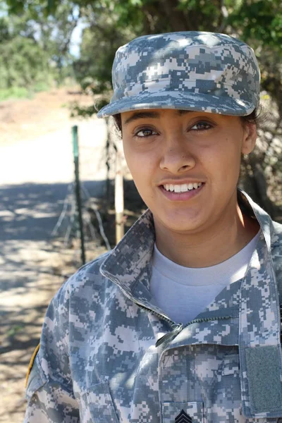 Happy healthy ethnic army female soldier