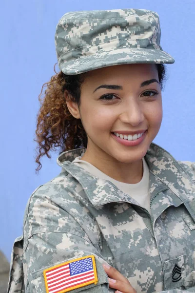 Military Girl Blue Background Copy Space — Stockfoto