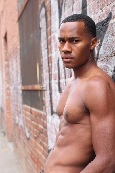 Close Portrait Handsome Shirtless African American Young Man Street — Stock Photo, Image