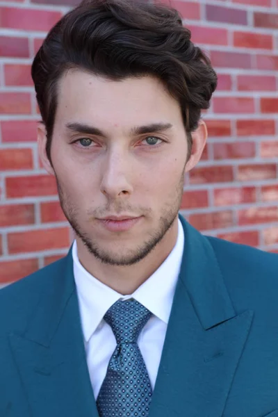 赤レンガの壁の前の青いスーツを着たハンサムな若いビジネスマンのクローズアップ肖像画 — ストック写真