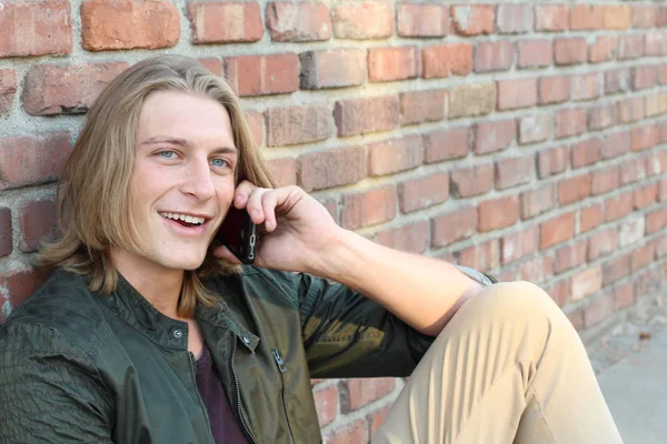 Close Portrait Handsome Young Stylish Man Long Hair Talking Phone — 스톡 사진