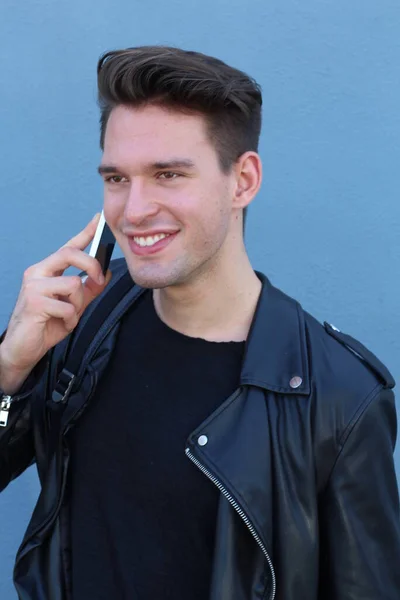 Handsome Serious Beauty Male Model Portrait Wearing Leather Jacket Talking — Stockfoto