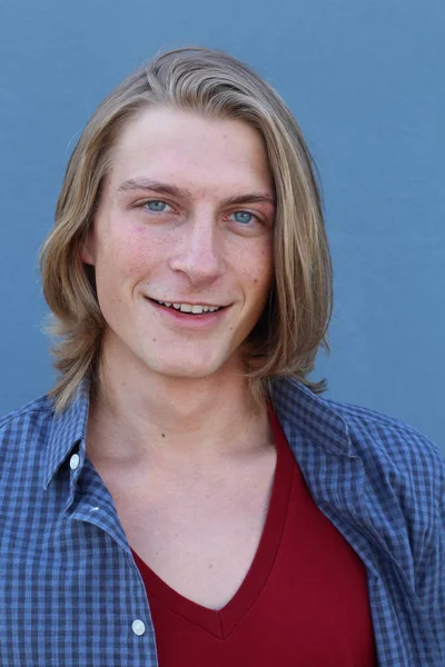 Close Portrait Handsome Young Man Long Blonde Hair Front Blue — 스톡 사진