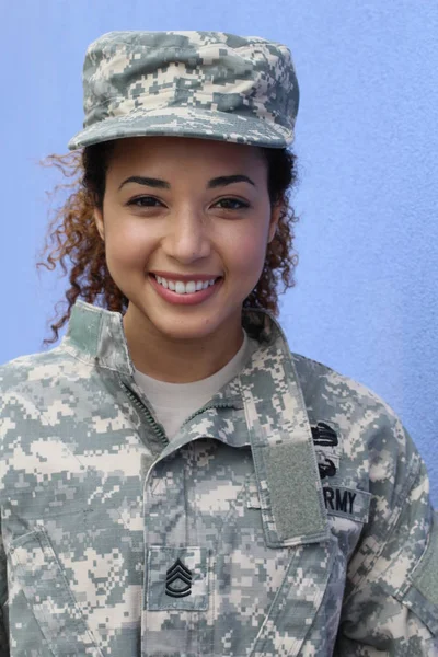 Military Girl Blue Background Copy Space — Stockfoto