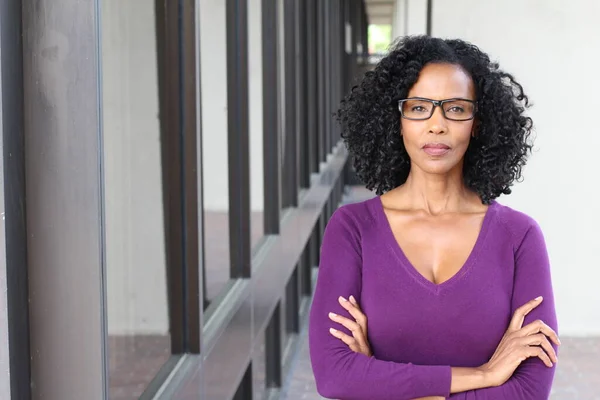 Gorgeous Senior African American Woman Wearing Purple Jacket Standing Outdoors — Stock Photo, Image