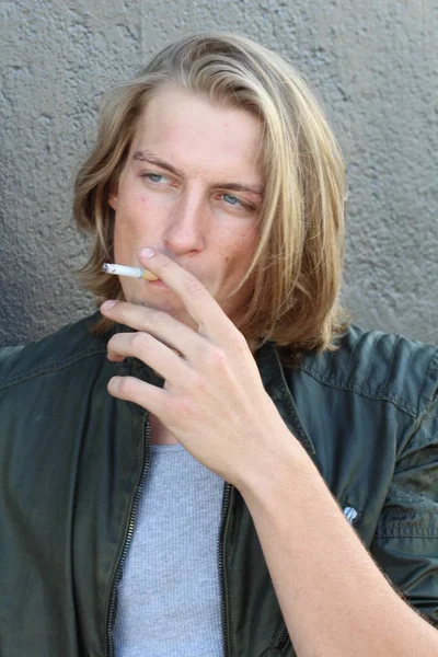 Close Portrait Handsome Young Stylish Man Long Hair Smoking Cigarette — 스톡 사진