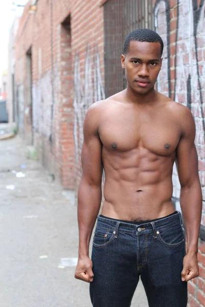 Close Portrait Handsome Shirtless African American Young Man Street — Stock Photo, Image