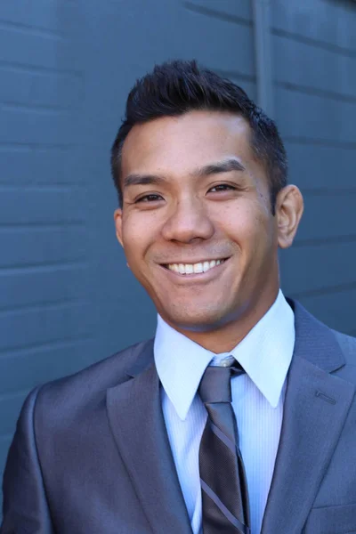 Close Portrait Handsome Young Businessman Mixed Race Front Blue Wall — Stock Photo, Image