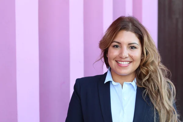 Beautiful Smiley Confident Businesswoman Standing Colorful Background — Stok fotoğraf