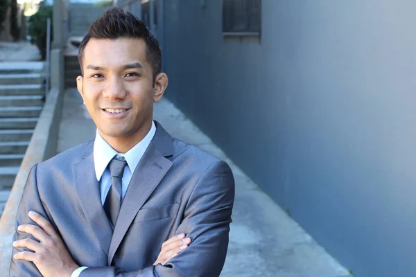 Retrato Cerca Joven Hombre Negocios Guapo Traje Gris Raza Mixta —  Fotos de Stock