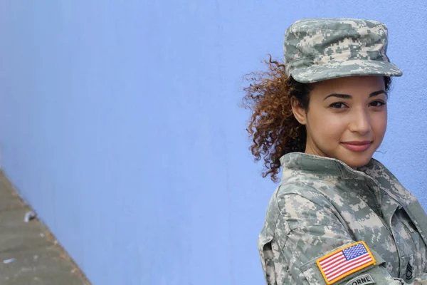 Military Girl Blue Background Copy Space — Stockfoto