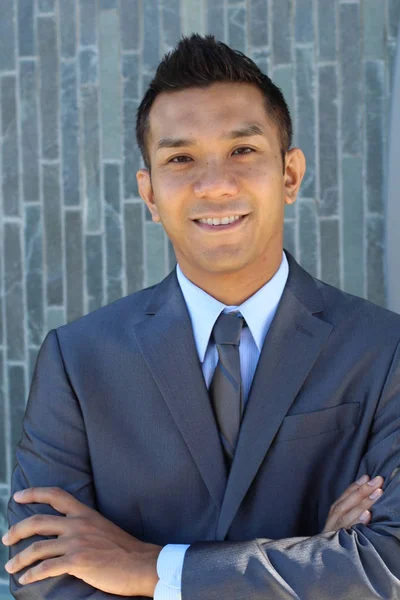 Close Portrait Handsome Young Businessman Grey Suit Mixed Race — Stock Photo, Image