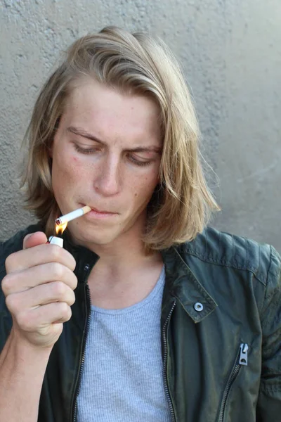 Close Portrait Handsome Young Stylish Man Long Hair Smoking Cigarette — 스톡 사진