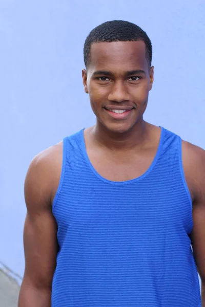 Close Portrait Handsome African American Young Man Front Blue Wall — Stock Photo, Image