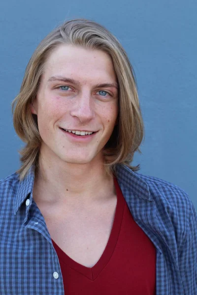 Close Portrait Handsome Young Man Long Blonde Hair Front Blue — 스톡 사진