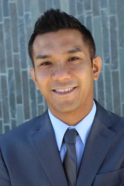 Close Portrait Handsome Young Businessman Grey Suit Mixed Race — Stock Photo, Image