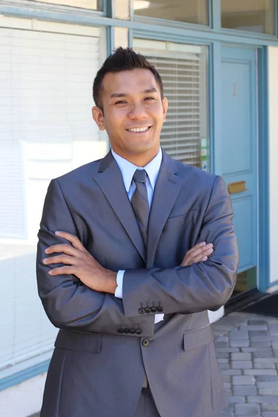 Close Portrait Handsome Young Businessman Grey Suit Mixed Race — Stock Photo, Image