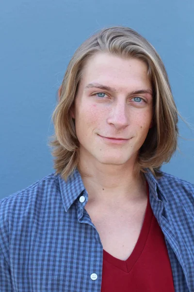 Close Portrait Handsome Young Man Long Blonde Hair Front Blue — 스톡 사진
