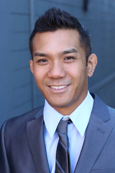 Close Portrait Handsome Young Businessman Mixed Race Front Blue Wall — 스톡 사진