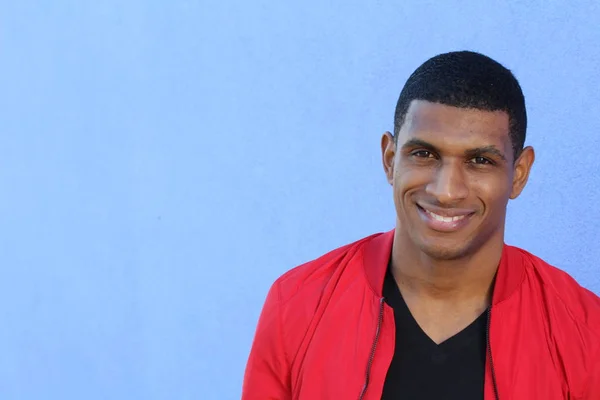 Close Portrait Handsome Young African American Man Red Jacket — Stock Photo, Image