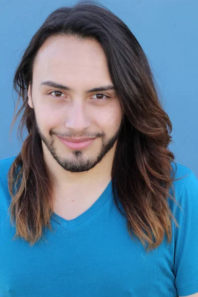 Close Portrait Handsome Young Man Long Hair Front Blue Wall — Stock Photo, Image