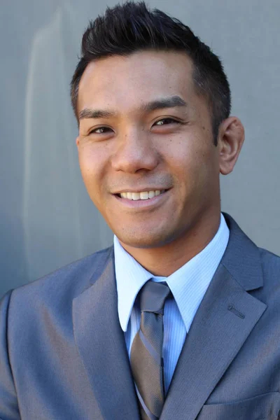 Close Portrait Handsome Young Businessman Grey Suit Mixed Race — Stock Photo, Image