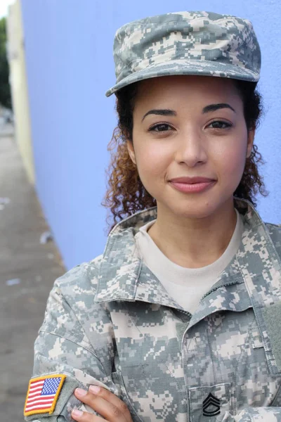 Military Girl Blue Background Copy Space — Stockfoto