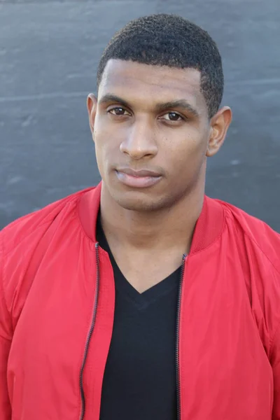 Close Portrait Handsome Young African American Man Red Jacket — 스톡 사진