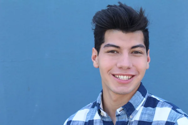 Close Portrait Handsome Young Man Posing Front Blue Wall — Stock Photo, Image