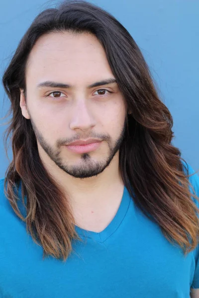 Close Portrait Handsome Young Man Long Hair Front Blue Wall — Stock Photo, Image