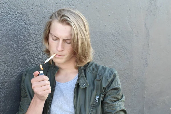 Close Portrait Handsome Young Stylish Man Long Hair Smoking Cigarette — 스톡 사진