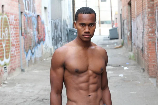 Close Portrait Handsome Shirtless African American Young Man Street — Stock Photo, Image