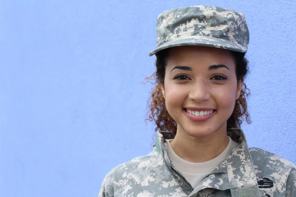 Military Girl Blue Background Copy Space — Stockfoto