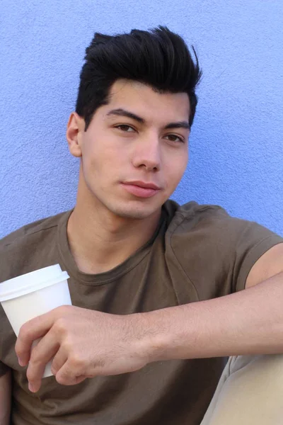 Close Portrait Handsome Young Man Paper Cup Coffee Front Blue — Stock Photo, Image