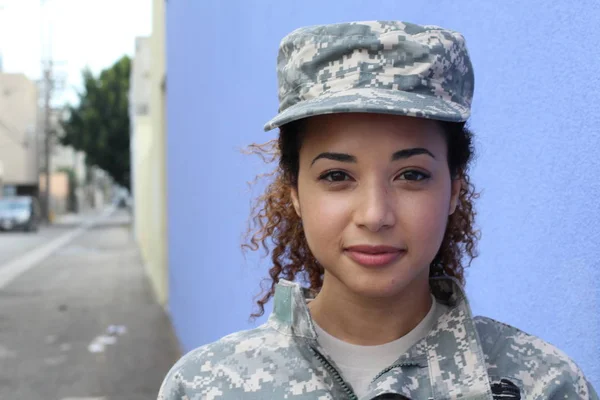 Military Girl Blue Background Copy Space — Stockfoto