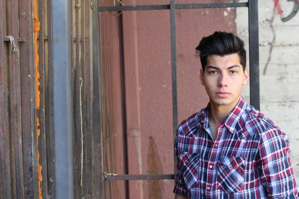 Close Portrait Handsome Young Man Plaid Shirt Looking Camera Street — Stock Photo, Image