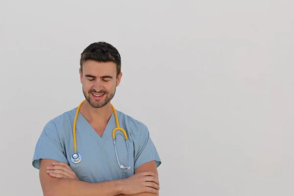 Portrait Young Male Nurse Stethoscope Smiling Copy Space — Stock Photo, Image