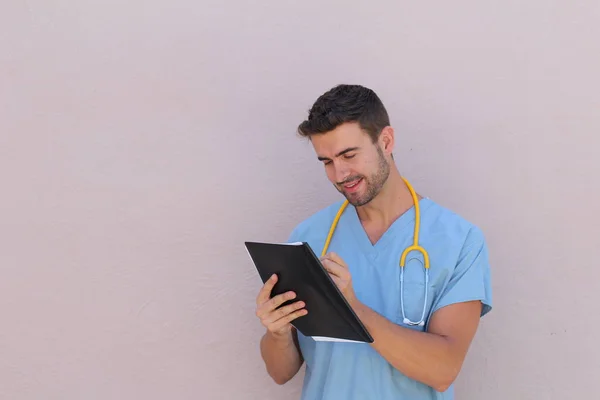 Portrait Young Male Nurse Stethoscope Smiling Copy Space — Stock Photo, Image