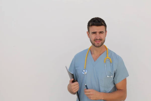 Portrait Young Male Nurse Stethoscope Smiling Copy Space — 스톡 사진