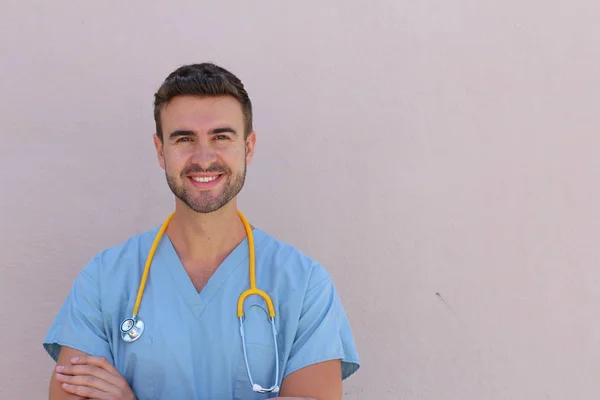 Portrait Young Male Nurse Stethoscope Smiling Copy Space — 스톡 사진