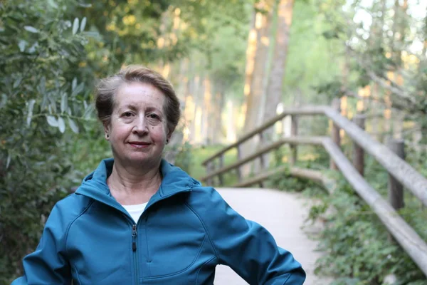 Happy Senior Woman Hands Waist Hiking Woods — Stock Photo, Image