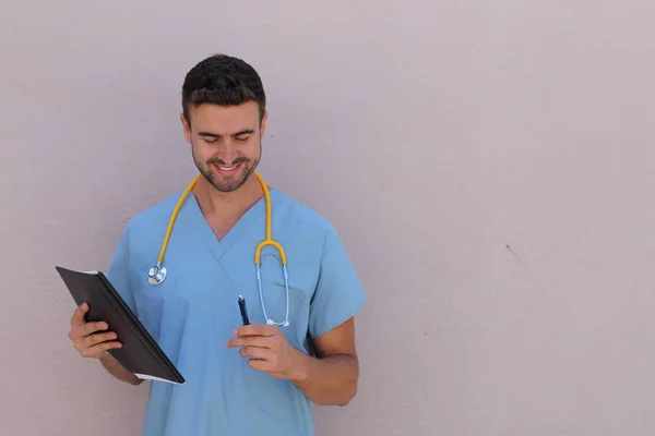 Portrait Young Male Nurse Stethoscope Smiling Copy Space — 스톡 사진